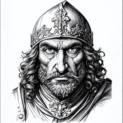 The primary subject of the image is a man with long hair, wearing a helmet and a beard. He appears to be a warrior or a knight, possibly from a medieval time period. The setting is a white background, which provides a clean and uncluttered environment for the drawing. The visual style is a detailed illustration or drawing, showcasing the man's facial features and the intricate design of his helmet. The colors and mood of the image are dark and dramatic, emphasizing